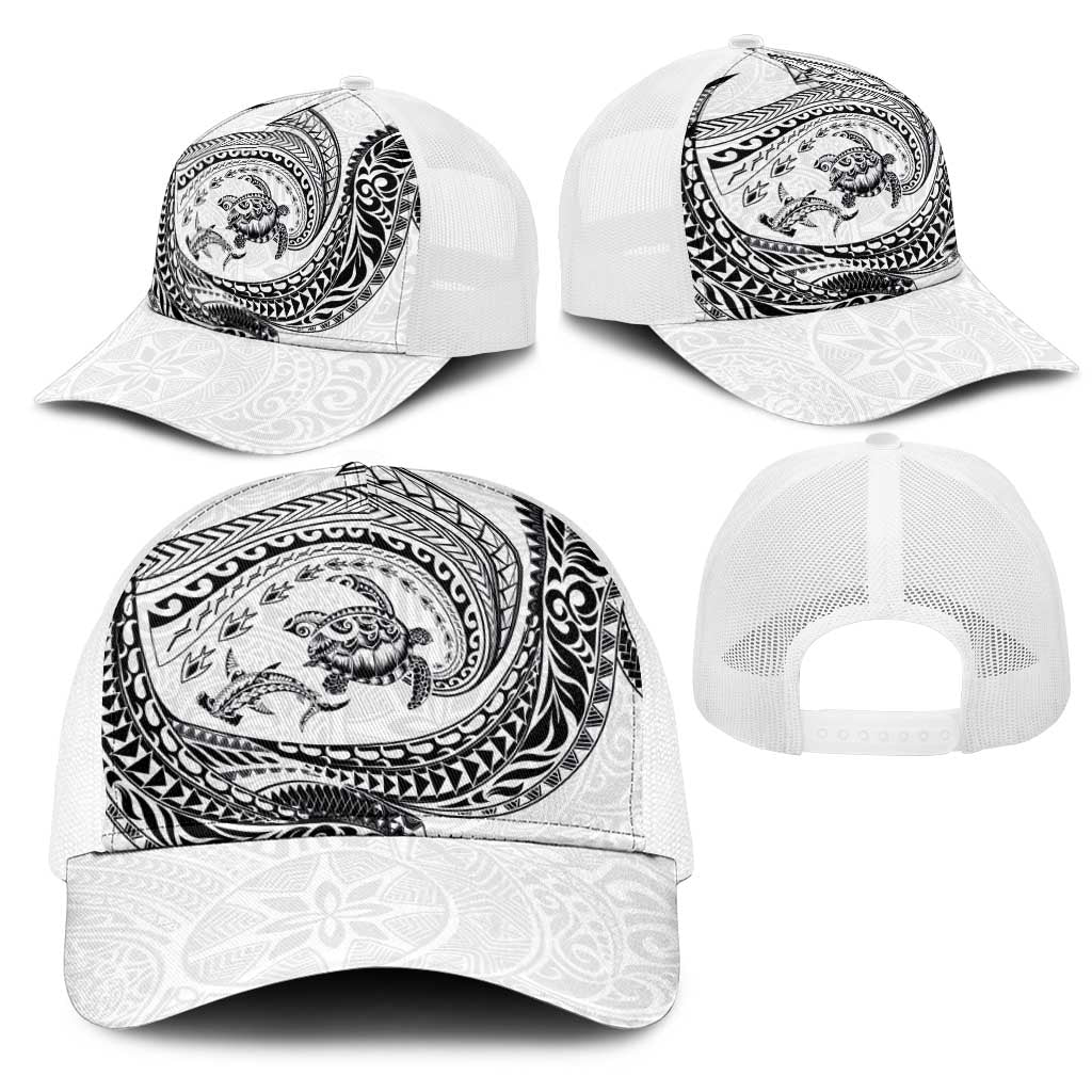 Hawaiian Turtle and Shark Mesh Trucker Cap Kakau Tribal with Polynesian Pattern White Color