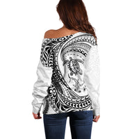 Hawaiian Turtle and Shark Off Shoulder Sweater Kakau Tribal with Polynesian Pattern White Color