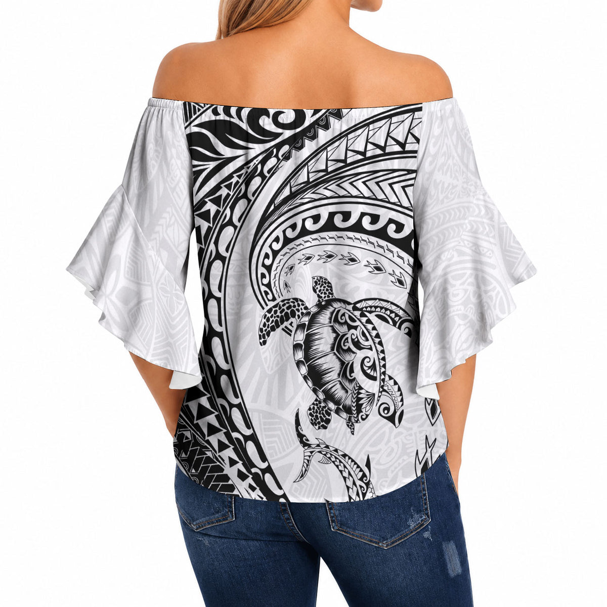 Hawaiian Turtle and Shark Off Shoulder Wrap Waist Top Kakau Tribal with Polynesian Pattern White Color