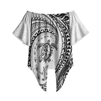 Hawaiian Turtle and Shark Off Shoulder Wrap Waist Top Kakau Tribal with Polynesian Pattern White Color