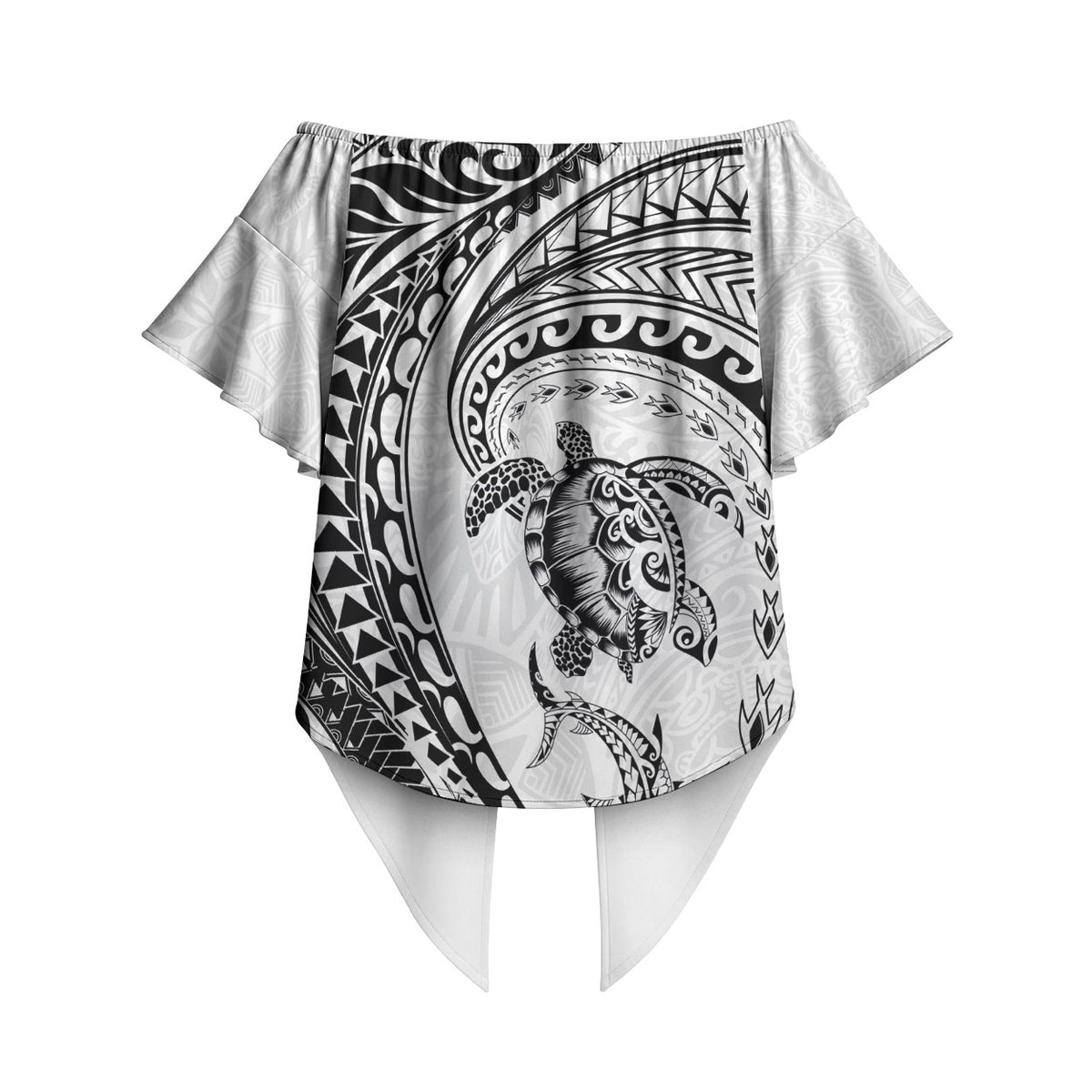 Hawaiian Turtle and Shark Off Shoulder Wrap Waist Top Kakau Tribal with Polynesian Pattern White Color