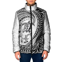 Hawaiian Turtle and Shark Padded Jacket Kakau Tribal with Polynesian Pattern White Color