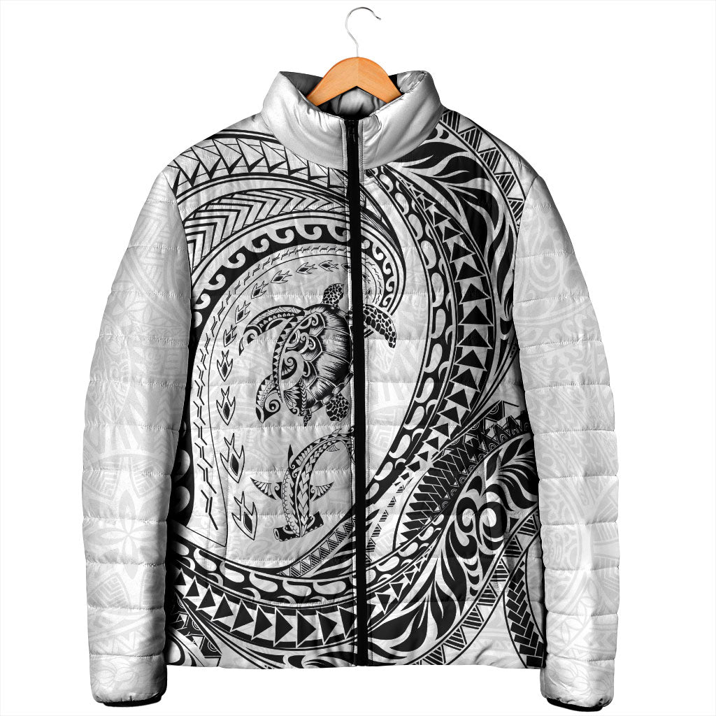 Hawaiian Turtle and Shark Padded Jacket Kakau Tribal with Polynesian Pattern White Color