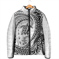 Hawaiian Turtle and Shark Padded Jacket Kakau Tribal with Polynesian Pattern White Color