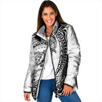 Hawaiian Turtle and Shark Padded Jacket Kakau Tribal with Polynesian Pattern White Color