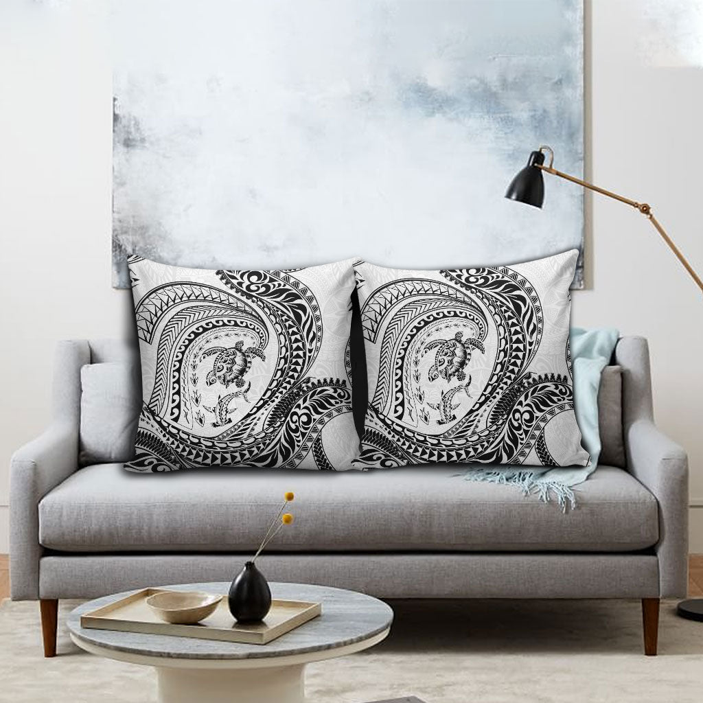 Hawaiian Turtle and Shark Pillow Cover Kakau Tribal with Polynesian Pattern White Color
