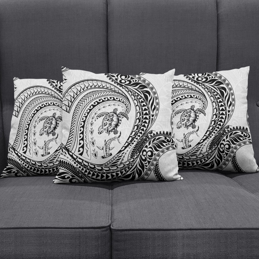 Hawaiian Turtle and Shark Pillow Cover Kakau Tribal with Polynesian Pattern White Color