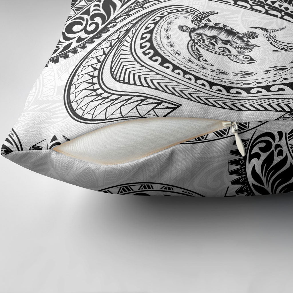 Hawaiian Turtle and Shark Pillow Cover Kakau Tribal with Polynesian Pattern White Color