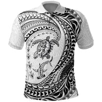 Hawaiian Turtle and Shark Polo Shirt Kakau Tribal with Polynesian Pattern White Color