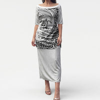 Hawaiian Turtle and Shark Puletasi Kakau Tribal with Polynesian Pattern White Color