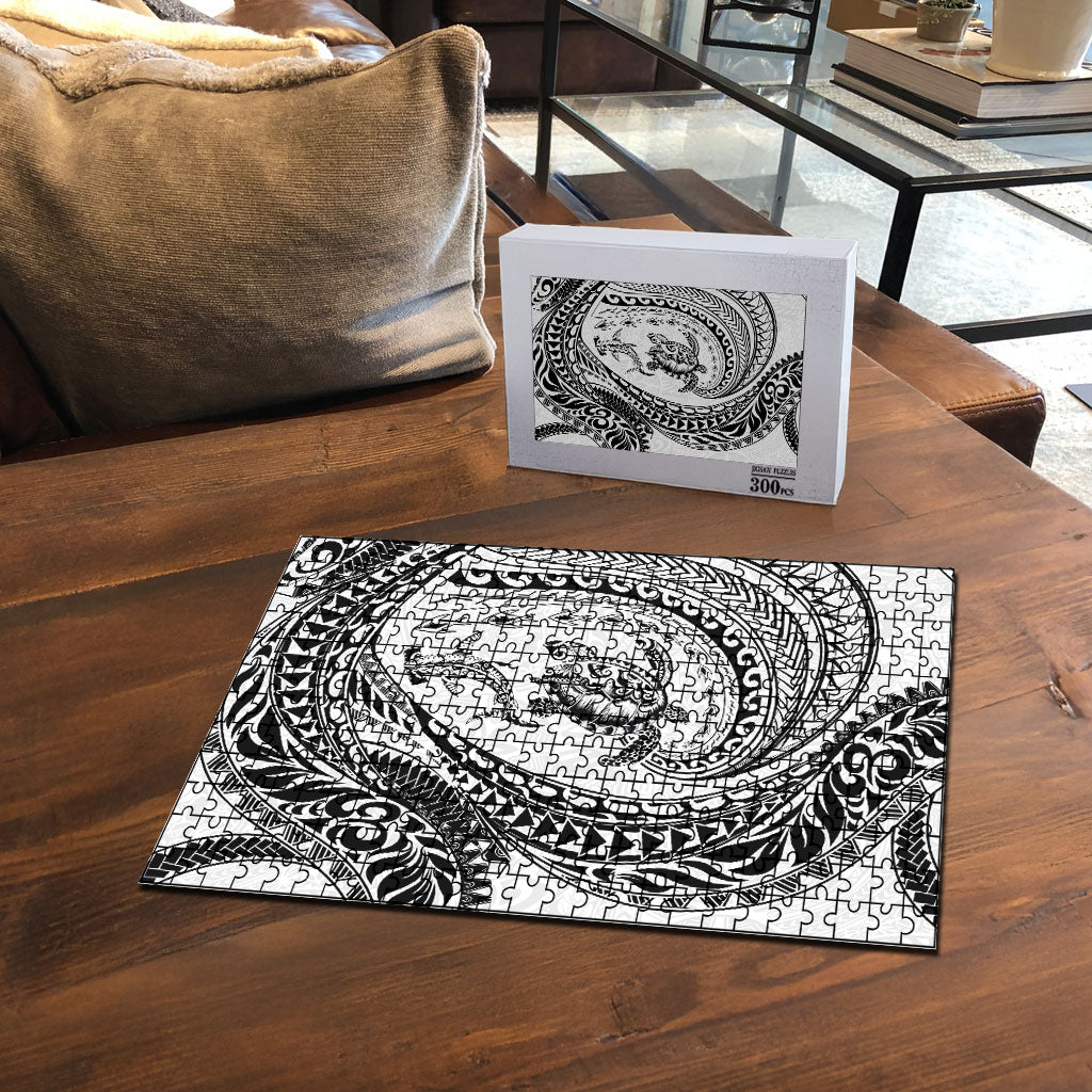 Hawaiian Turtle and Shark Puzzle Kakau Tribal with Polynesian Pattern White Color