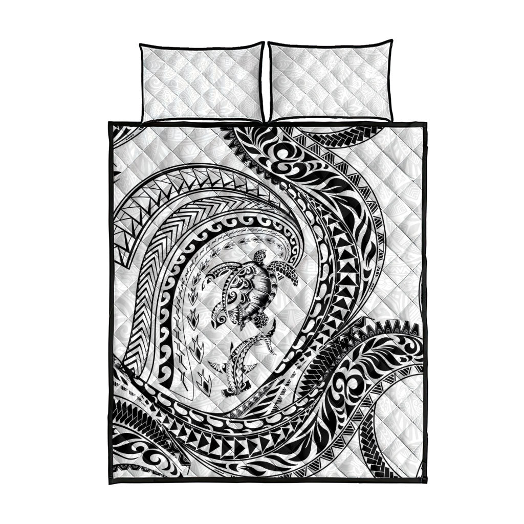 Hawaiian Turtle and Shark Quilt Bed Set Kakau Tribal with Polynesian Pattern White Color