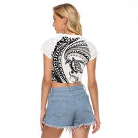 Hawaiian Turtle and Shark Raglan Cropped T Shirt Kakau Tribal with Polynesian Pattern White Color