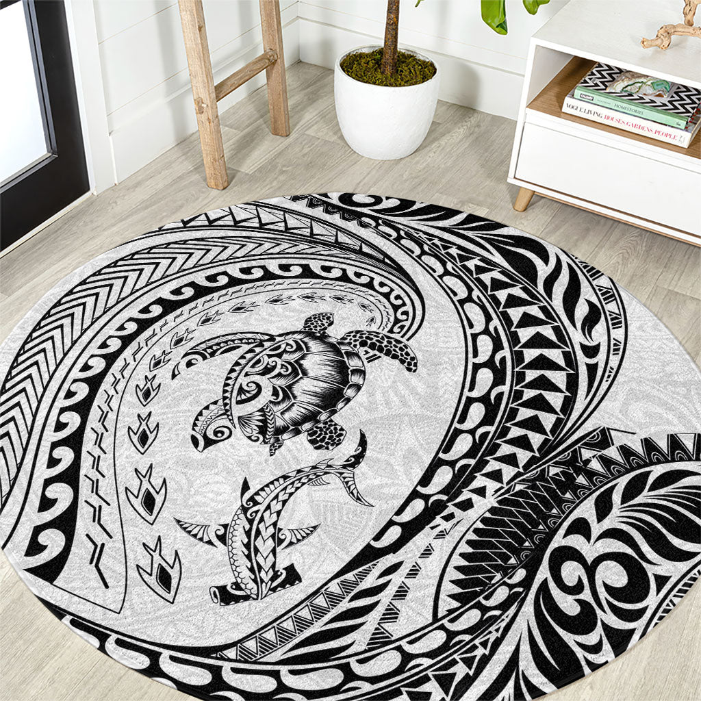 Hawaiian Turtle and Shark Round Carpet Kakau Tribal with Polynesian Pattern White Color
