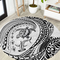 Hawaiian Turtle and Shark Round Carpet Kakau Tribal with Polynesian Pattern White Color
