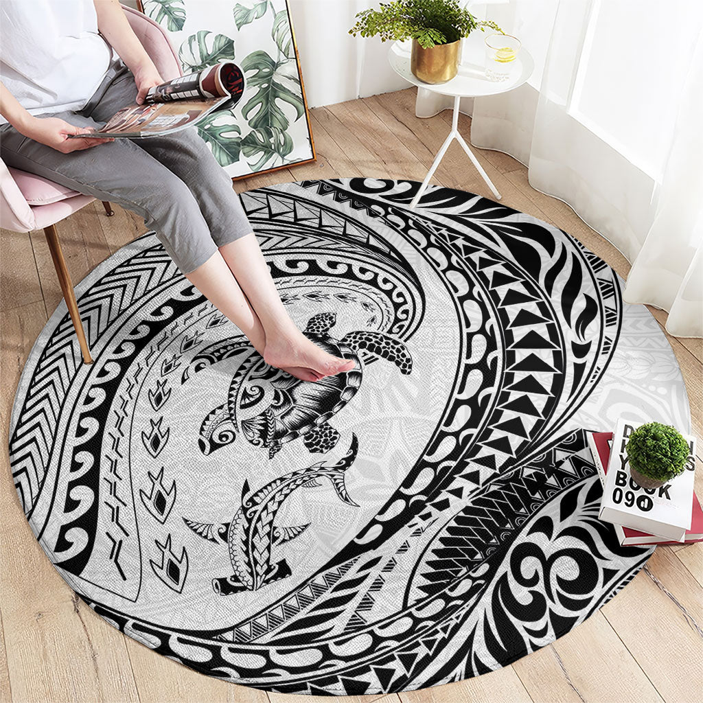 Hawaiian Turtle and Shark Round Carpet Kakau Tribal with Polynesian Pattern White Color