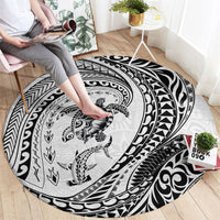 Hawaiian Turtle and Shark Round Carpet Kakau Tribal with Polynesian Pattern White Color