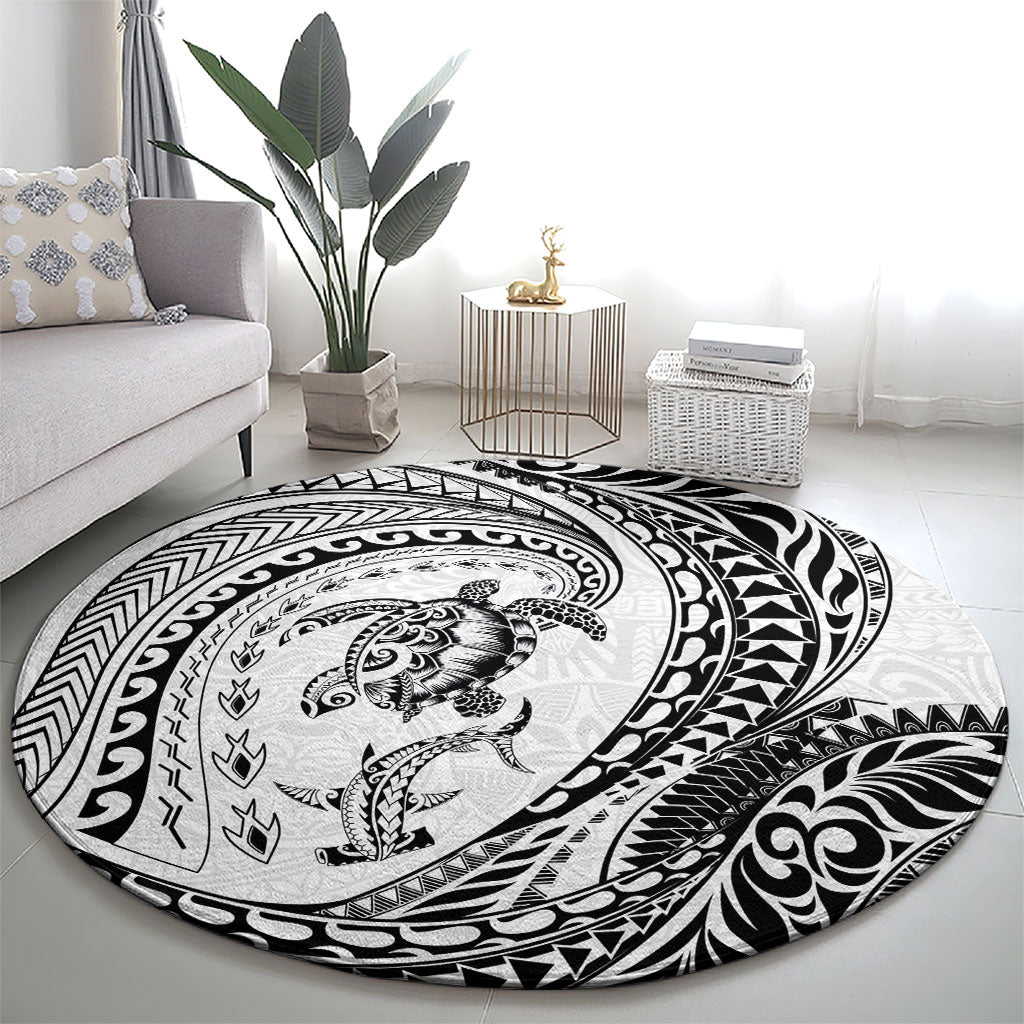 Hawaiian Turtle and Shark Round Carpet Kakau Tribal with Polynesian Pattern White Color