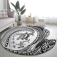 Hawaiian Turtle and Shark Round Carpet Kakau Tribal with Polynesian Pattern White Color