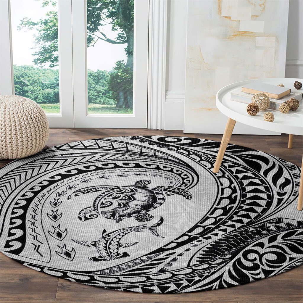 Hawaiian Turtle and Shark Round Carpet Kakau Tribal with Polynesian Pattern White Color