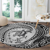 Hawaiian Turtle and Shark Round Carpet Kakau Tribal with Polynesian Pattern White Color