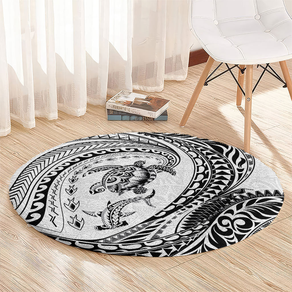 Hawaiian Turtle and Shark Round Carpet Kakau Tribal with Polynesian Pattern White Color