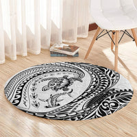 Hawaiian Turtle and Shark Round Carpet Kakau Tribal with Polynesian Pattern White Color