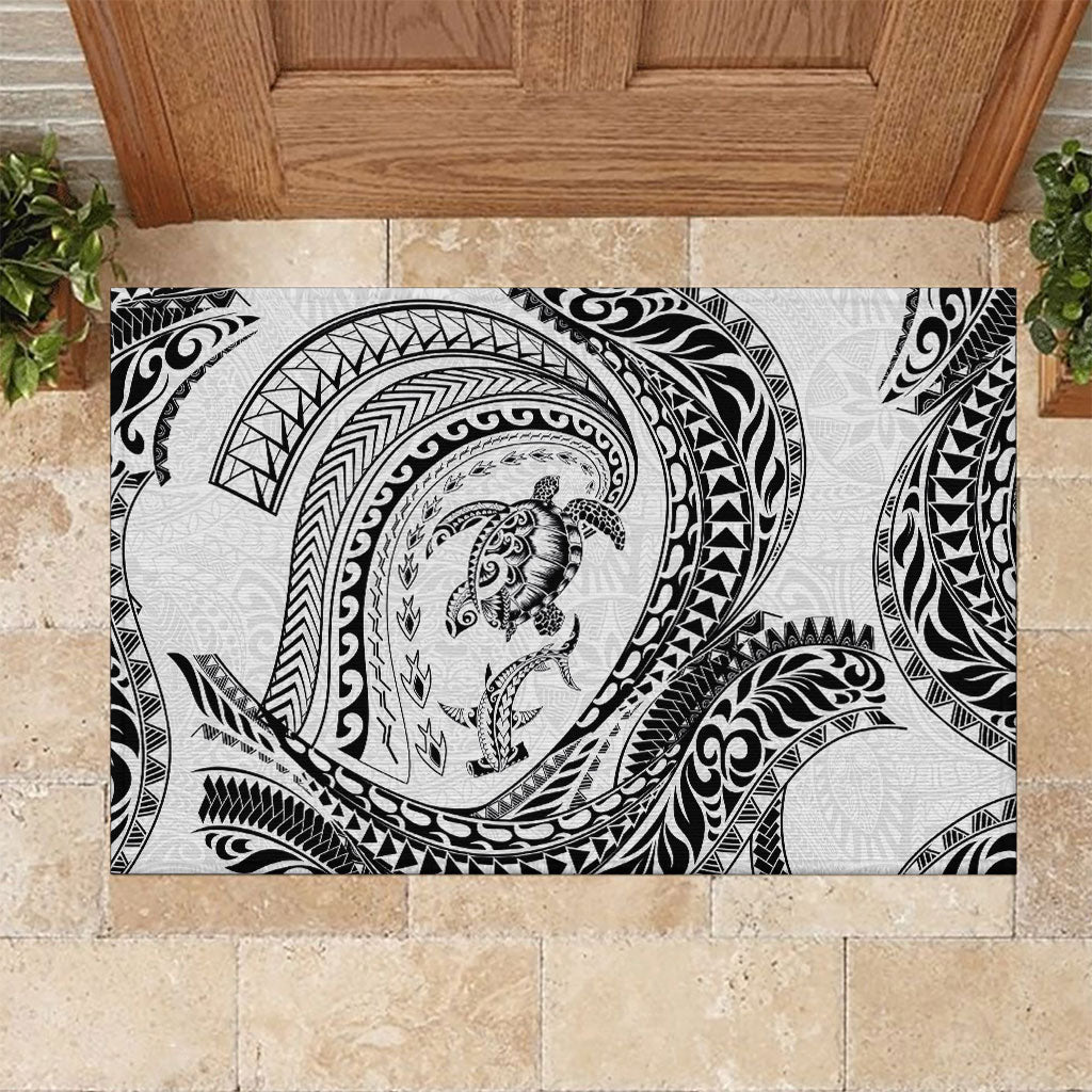 Hawaiian Turtle and Shark Rubber Doormat Kakau Tribal with Polynesian Pattern White Color