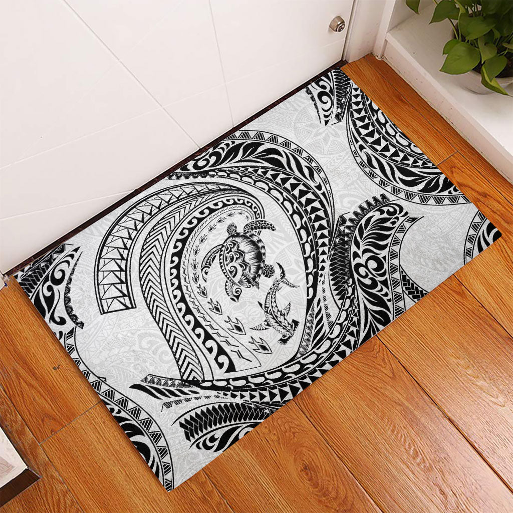 Hawaiian Turtle and Shark Rubber Doormat Kakau Tribal with Polynesian Pattern White Color