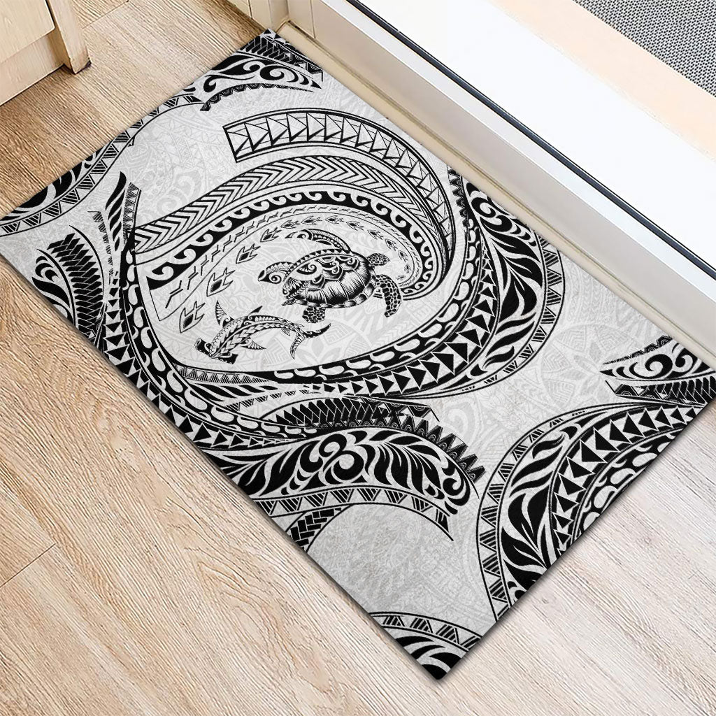 Hawaiian Turtle and Shark Rubber Doormat Kakau Tribal with Polynesian Pattern White Color