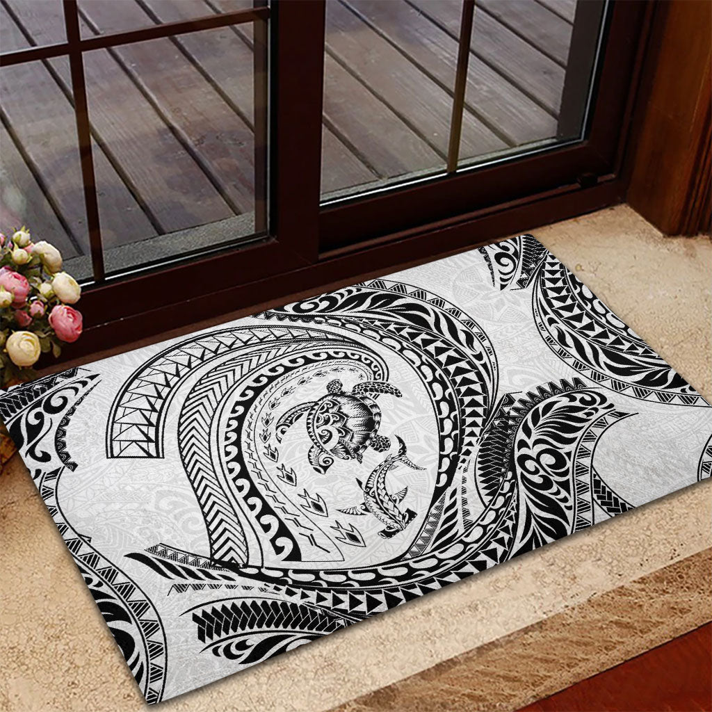 Hawaiian Turtle and Shark Rubber Doormat Kakau Tribal with Polynesian Pattern White Color