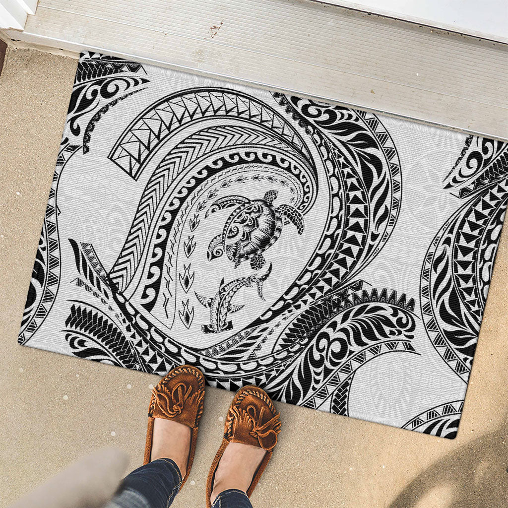 Hawaiian Turtle and Shark Rubber Doormat Kakau Tribal with Polynesian Pattern White Color