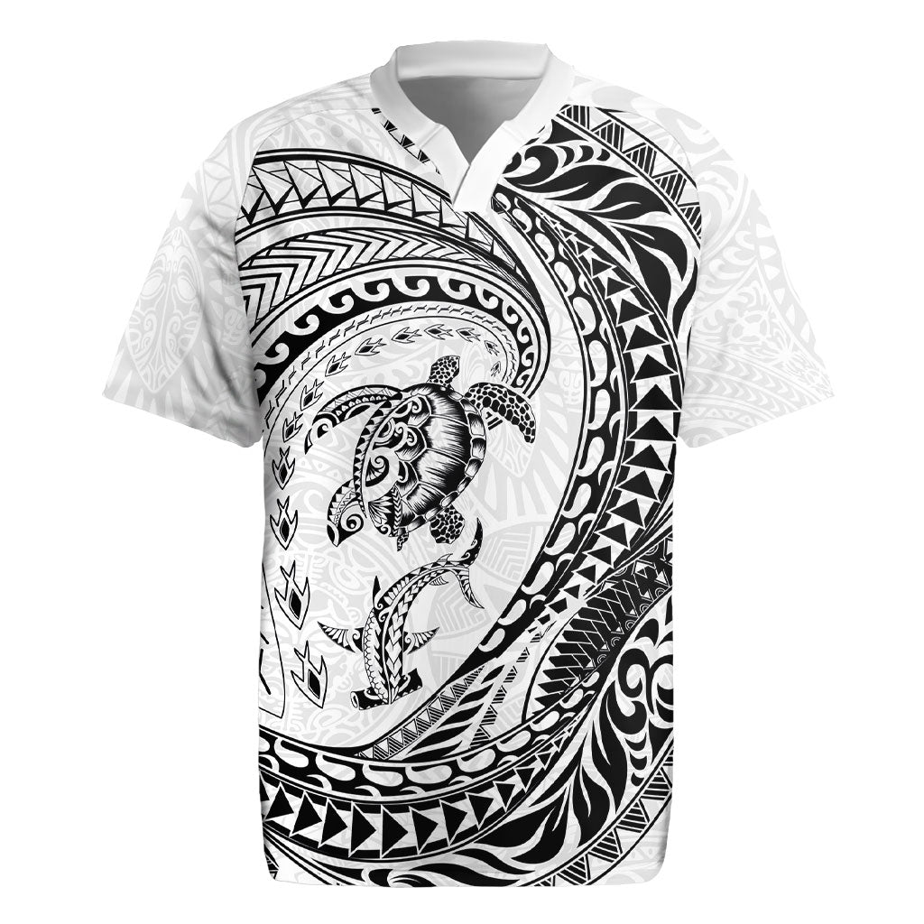 Hawaiian Turtle and Shark Rugby Jersey Kakau Tribal with Polynesian Pattern White Color