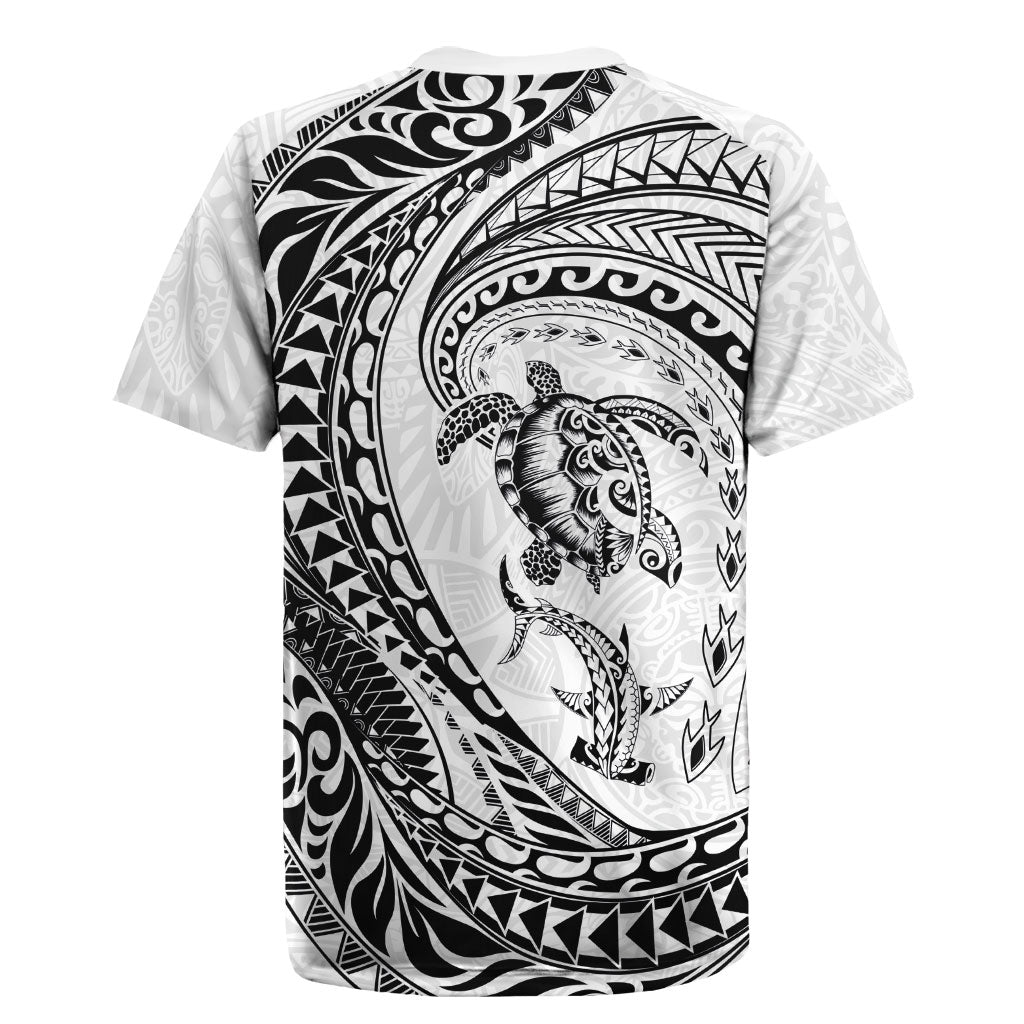 Hawaiian Turtle and Shark Rugby Jersey Kakau Tribal with Polynesian Pattern White Color
