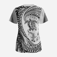 Hawaiian Turtle and Shark Scrub Top Kakau Tribal with Polynesian Pattern White Color