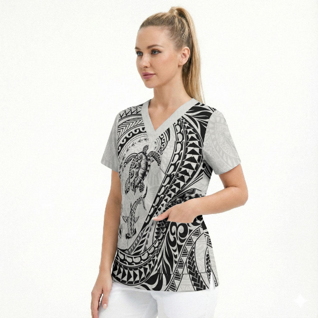 Hawaiian Turtle and Shark Scrub Top Kakau Tribal with Polynesian Pattern White Color