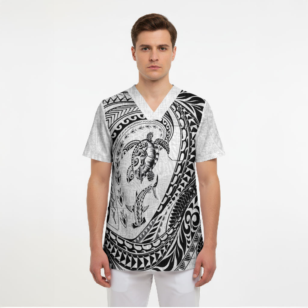 Hawaiian Turtle and Shark Scrub Top Kakau Tribal with Polynesian Pattern White Color