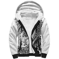 Hawaiian Turtle and Shark Sherpa Hoodie Kakau Tribal with Polynesian Pattern White Color