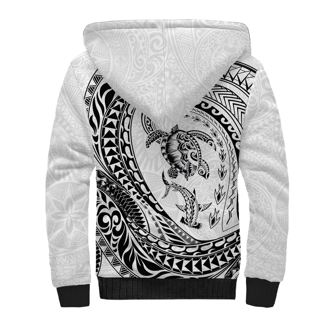 Hawaiian Turtle and Shark Sherpa Hoodie Kakau Tribal with Polynesian Pattern White Color