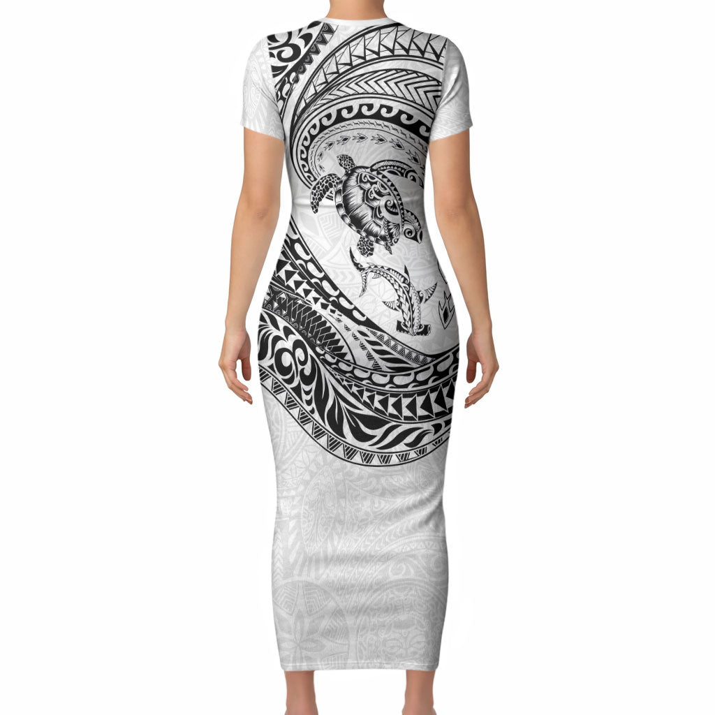 Hawaiian Turtle and Shark Short Sleeve Bodycon Dress Kakau Tribal with Polynesian Pattern White Color