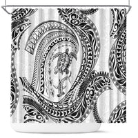 Hawaiian Turtle and Shark Shower Curtain Kakau Tribal with Polynesian Pattern White Color