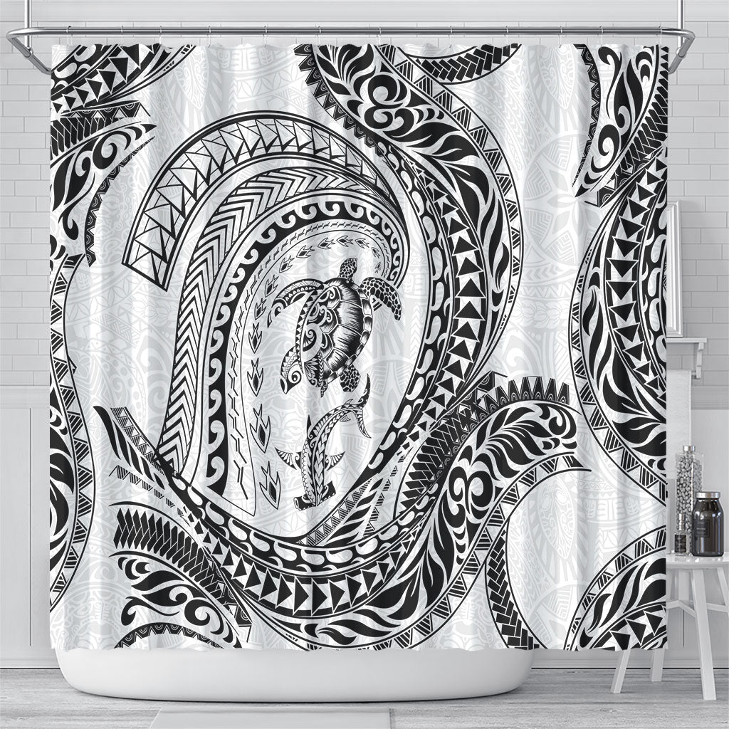 Hawaiian Turtle and Shark Shower Curtain Kakau Tribal with Polynesian Pattern White Color