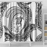 Hawaiian Turtle and Shark Shower Curtain Kakau Tribal with Polynesian Pattern White Color
