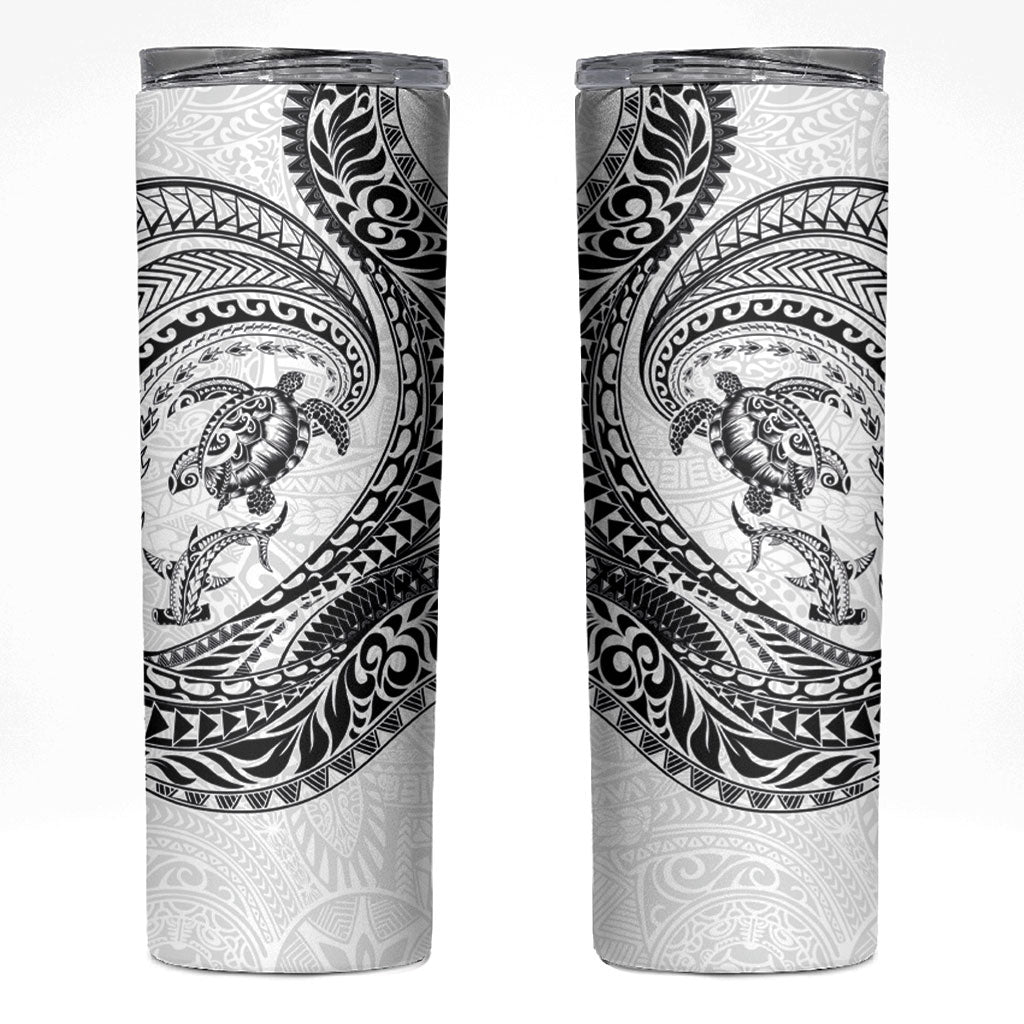 Hawaiian Turtle and Shark Skinny Tumbler Kakau Tribal with Polynesian Pattern White Color