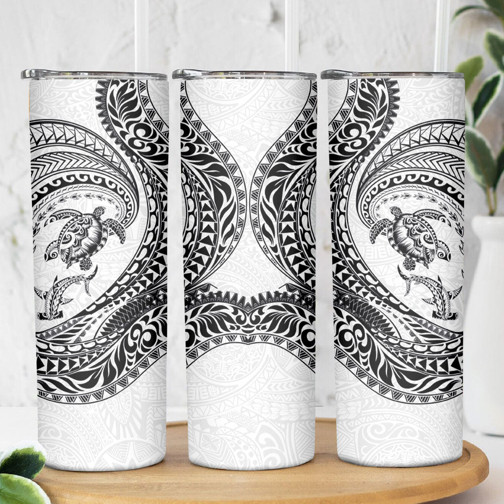 Hawaiian Turtle and Shark Skinny Tumbler Kakau Tribal with Polynesian Pattern White Color