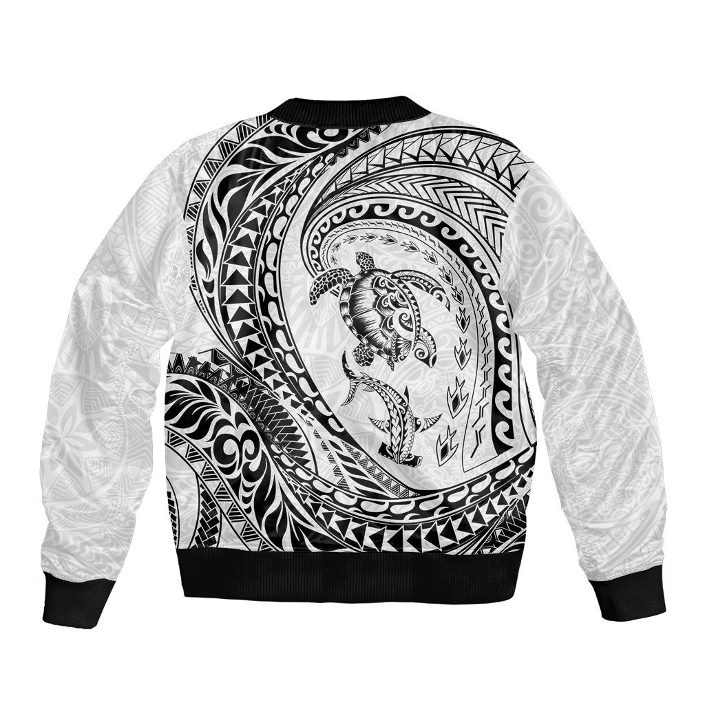 Hawaiian Turtle and Shark Sleeve Zip Bomber Jacket Kakau Tribal with Polynesian Pattern White Color