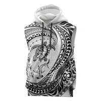 Hawaiian Turtle and Shark Sleeveless Hoodie Kakau Tribal with Polynesian Pattern White Color