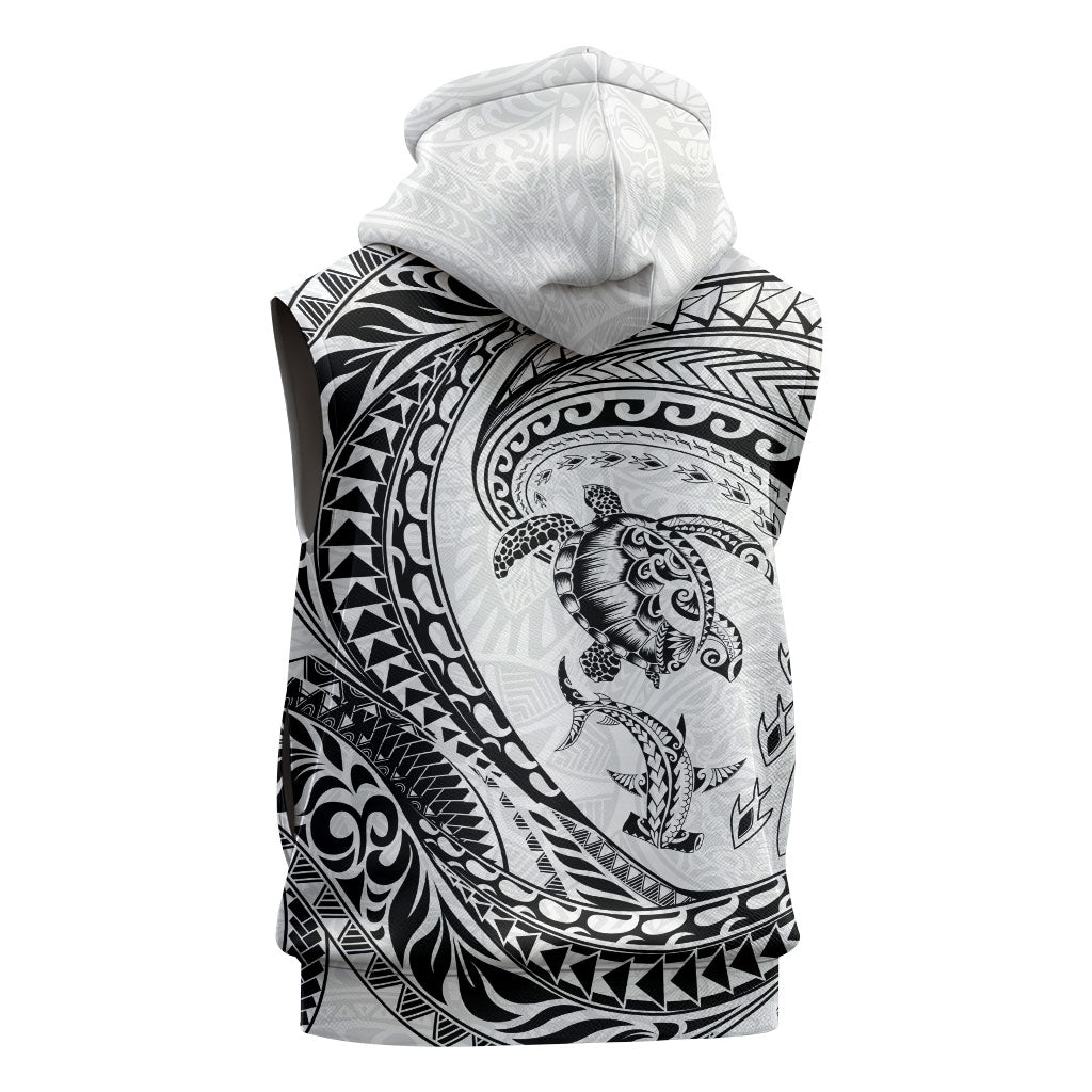 Hawaiian Turtle and Shark Sleeveless Hoodie Kakau Tribal with Polynesian Pattern White Color