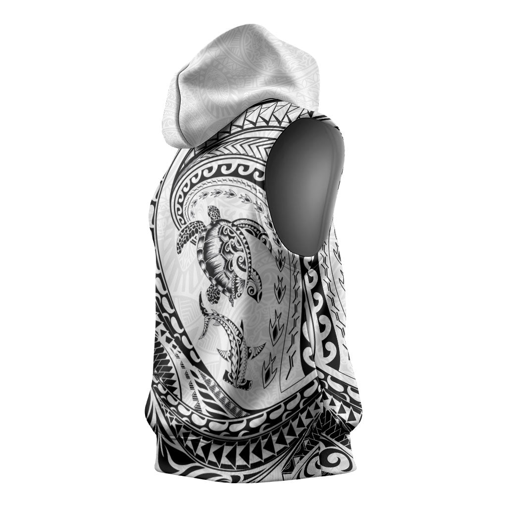 Hawaiian Turtle and Shark Sleeveless Hoodie Kakau Tribal with Polynesian Pattern White Color