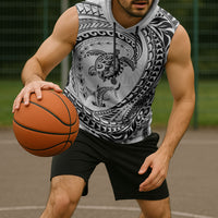 Hawaiian Turtle and Shark Sleeveless Hoodie Kakau Tribal with Polynesian Pattern White Color